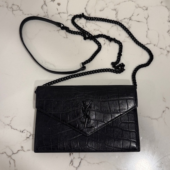 Yves Saint Laurent Handbags - Yves Saint Laurent Black Croc-Embossed Leather Crossbody Bag
